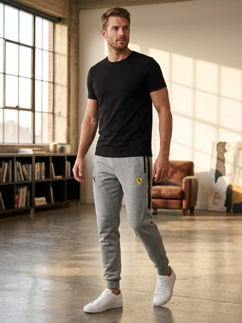 Puma Men’s Gray Sweatpants with Black Stripe & Yellow Shield